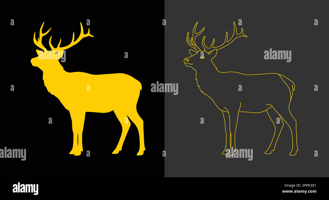 Stylized golden deer icon set on black and dark gray backgrounds with linear art Stock Vector