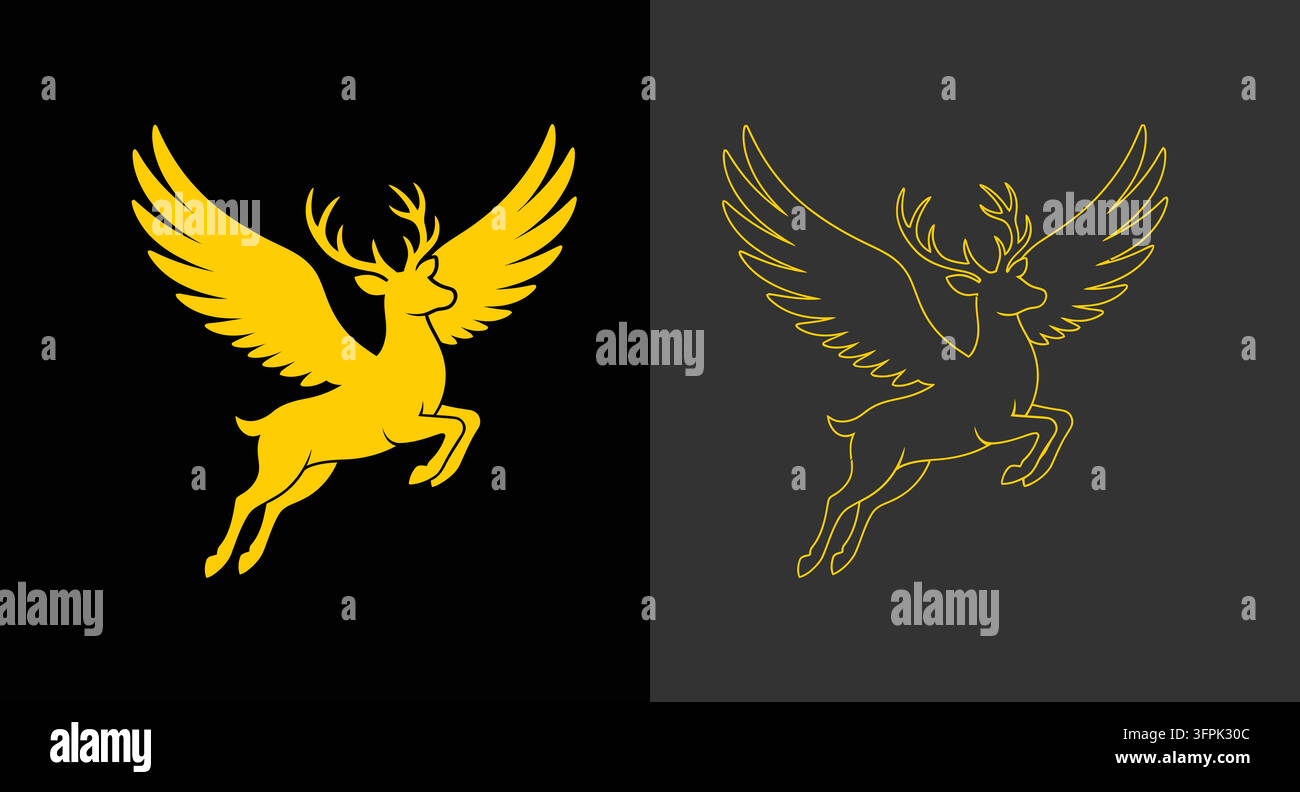 Stylized golden winged deer or stag icon set on black and dark gray backgrounds Stock Vector
