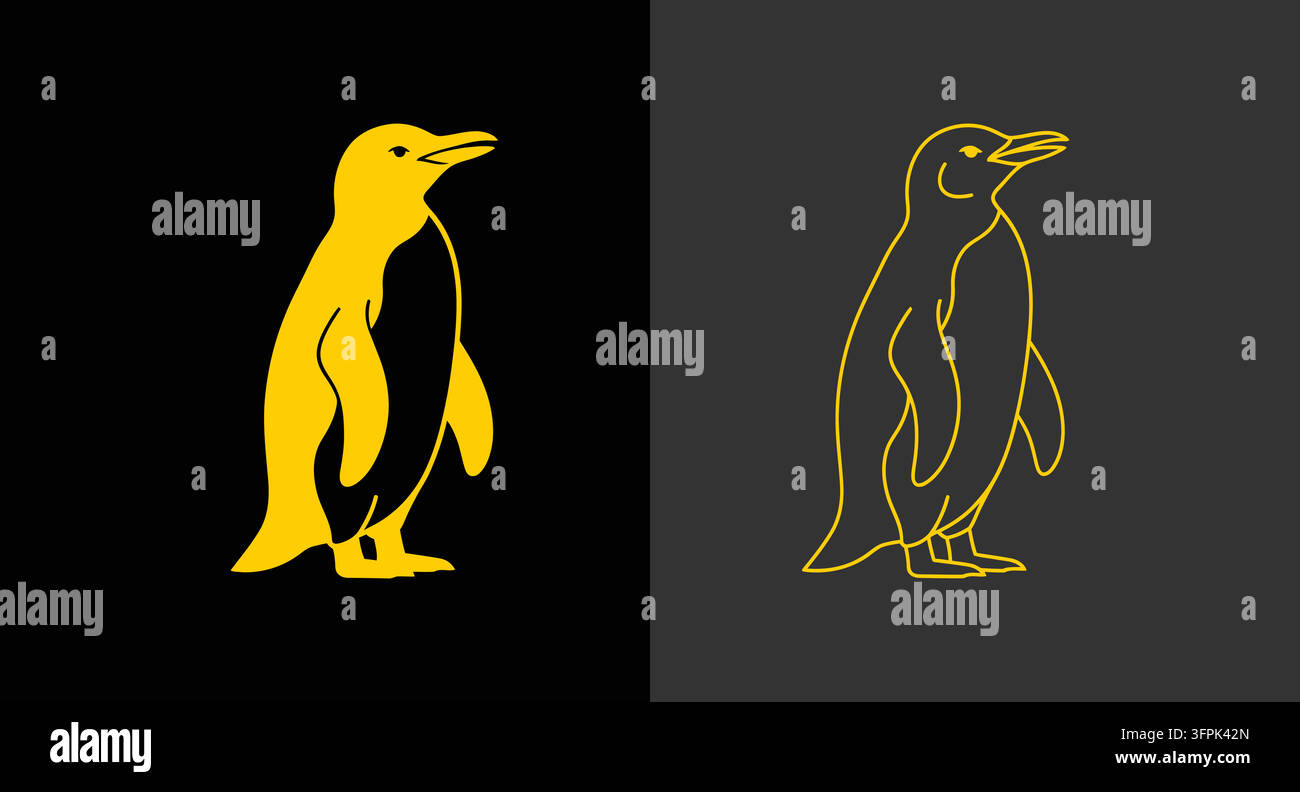 Minimalist yellow penguin illustration in solid and outline style with wildlife Stock Vector