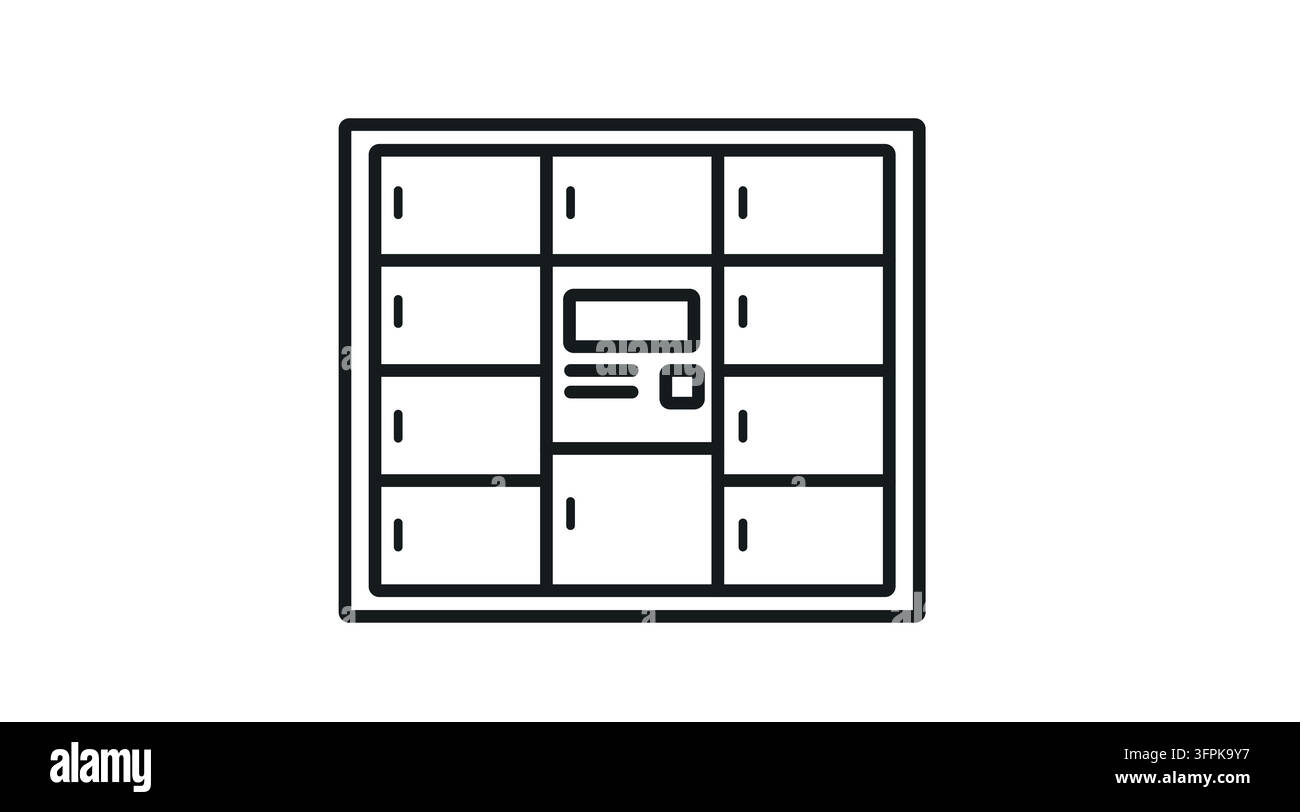Smart parcel locker terminal with digital screen display vector icon. Black line art style on white background. Stock Vector