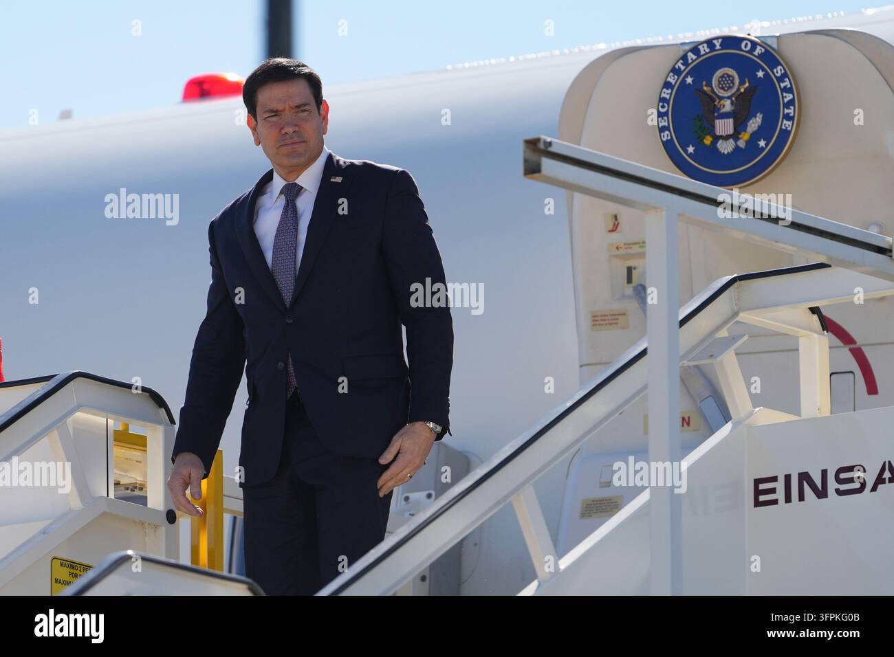 U.S. Secretary of State Marco Rubio steps off a plane Thursday, Oct. 8 ...