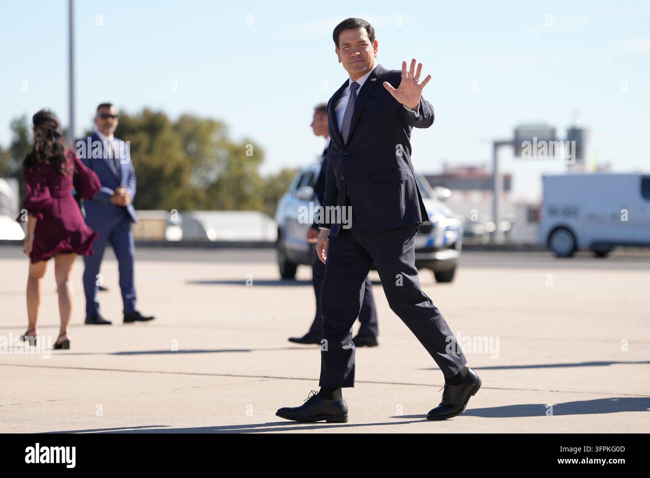 U.S. Secretary of State Marco Rubio waves on Thursday, Oct. 8, 2026, at ...