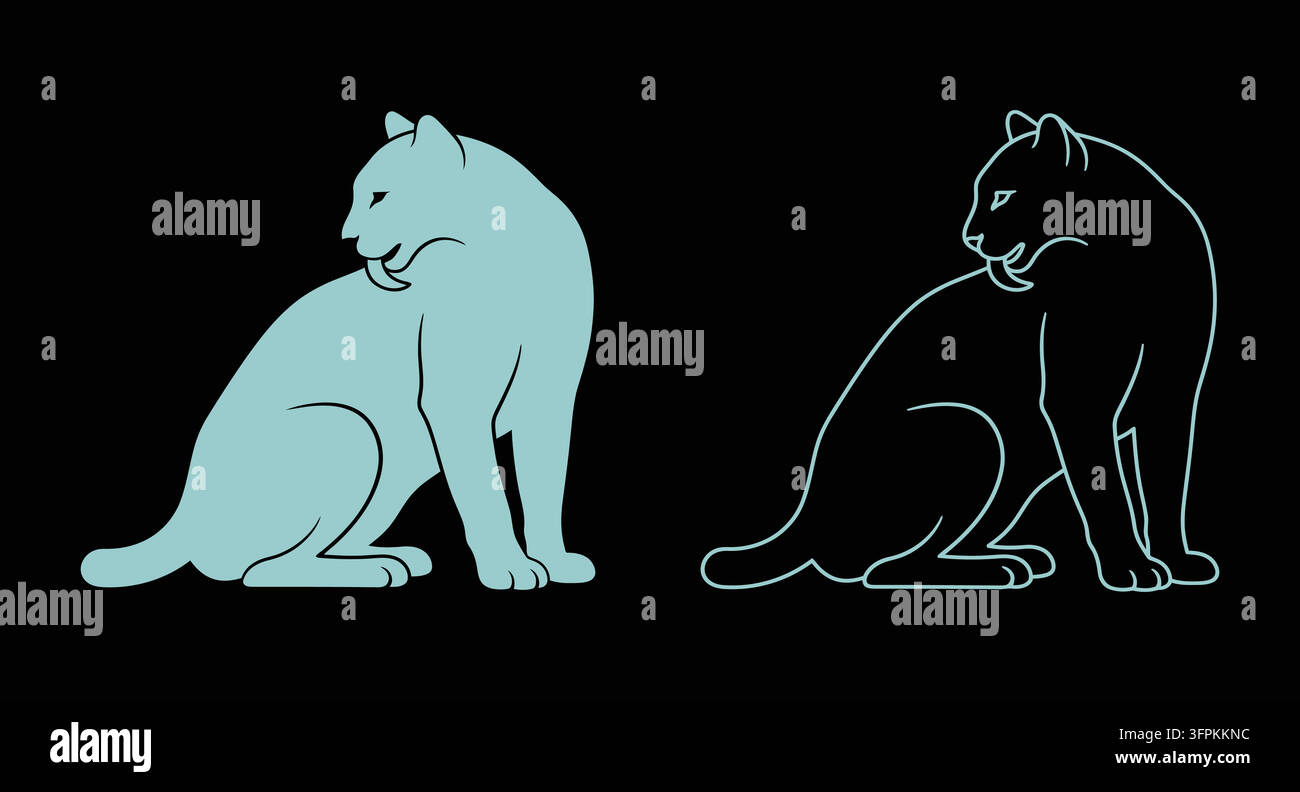 Saber toothed tiger silhouette and line art icon set with design elements Stock Vector