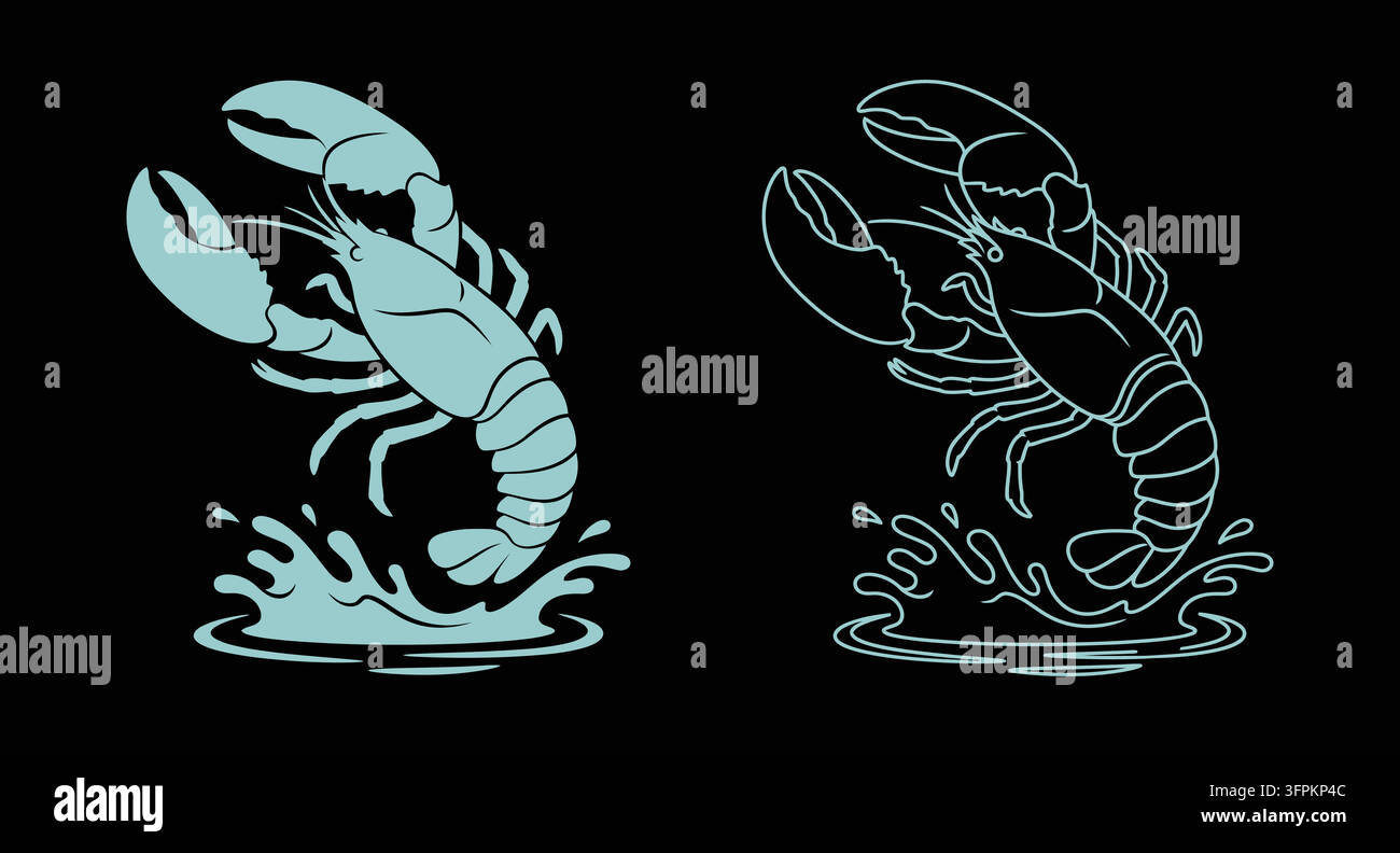 Graphic lobster illustration in silhouette and line art style with black Stock Vector