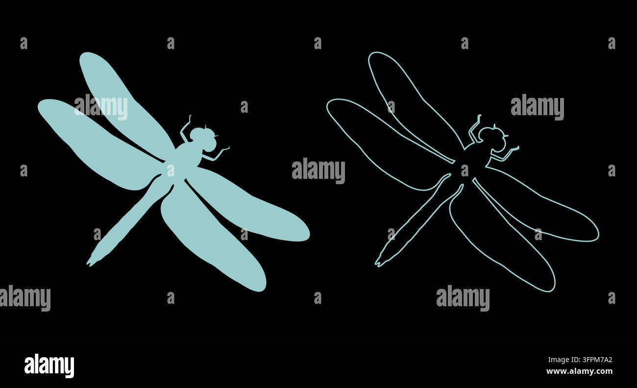 Dragonfly flying silhouette and line art illustration with graphic design Stock Vector