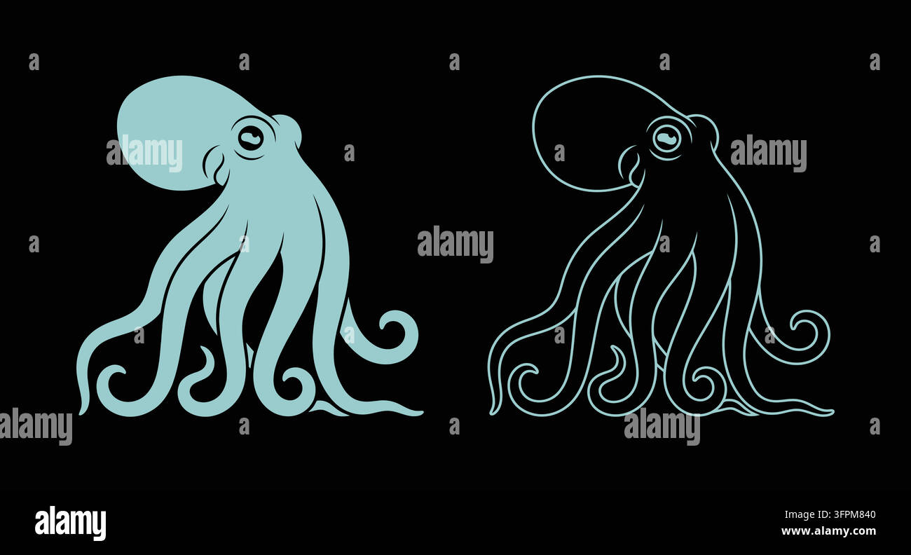 Detailed octopus silhouette graphic with filled body and outline version side Stock Vector