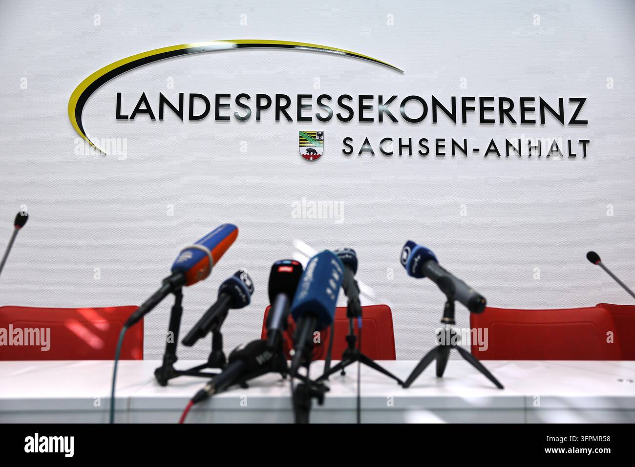 05 October 2026, Saxony-Anhalt, Magdeburg: Microphones are set up on ...