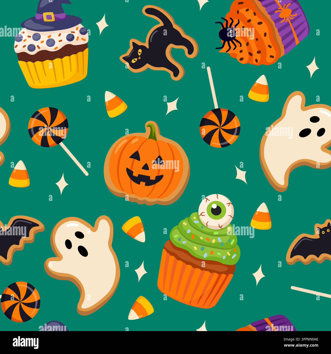 Halloween Cupcakes and Ghost Cookies Seamless Pattern on Green Background Stock Vector