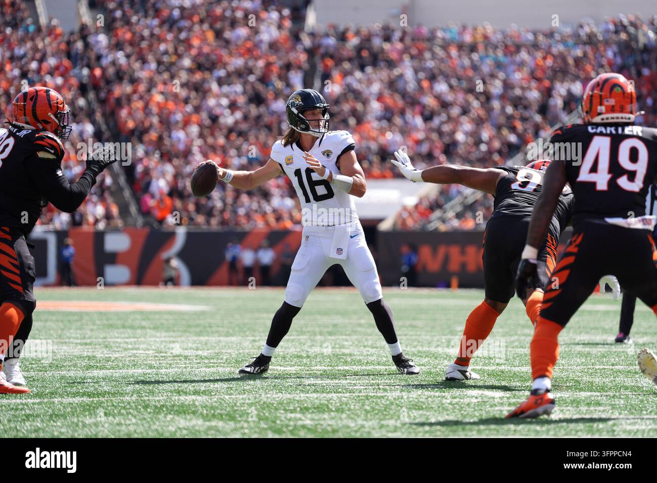 Jacksonville Jaguars quarterback Trevor Lawrence (16) throws during an ...