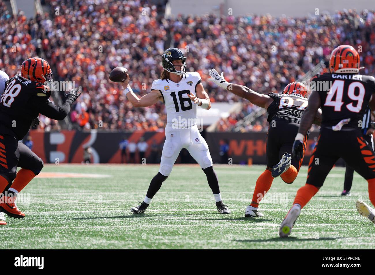Jacksonville Jaguars quarterback Trevor Lawrence (16) throws during an ...