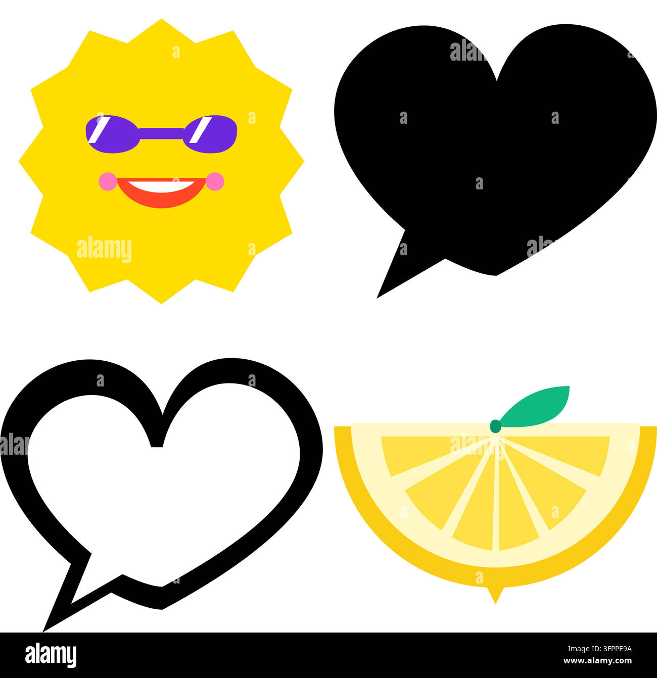 Vector set of cute sun face, heart speech bubbles, and lemon slice icons on white background Stock Vector