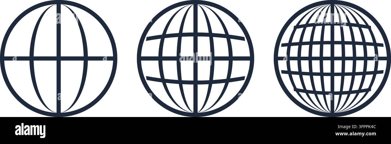 Set of four dark blue globe wireframe icons with varying grid density isolated on white background Stock Vector