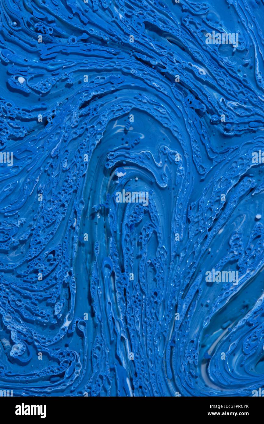 Deep blue textured fluid art abstract background with intricate cell structures and paint peaks Stock Photo
