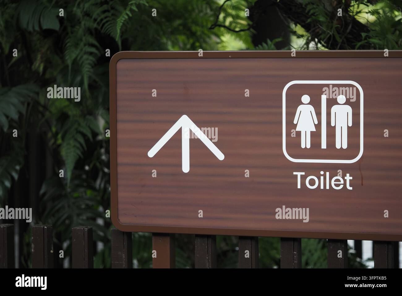 Sign shows direction to toilet with icons for man and woman, located ...
