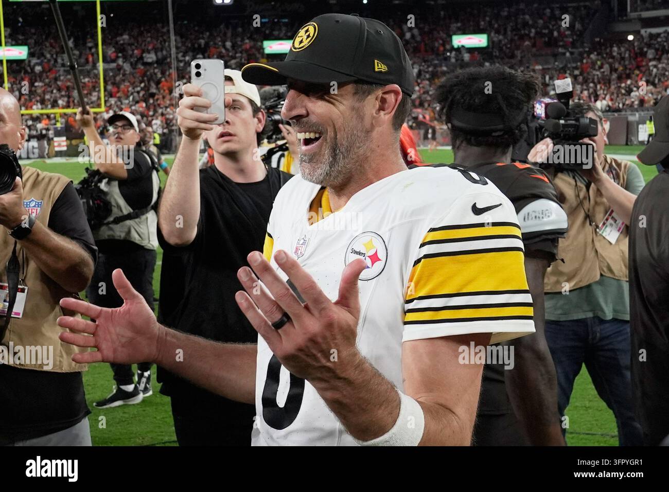 Pittsburgh Steelers quarterback Aaron Rodgers (8) after an NFL football ...