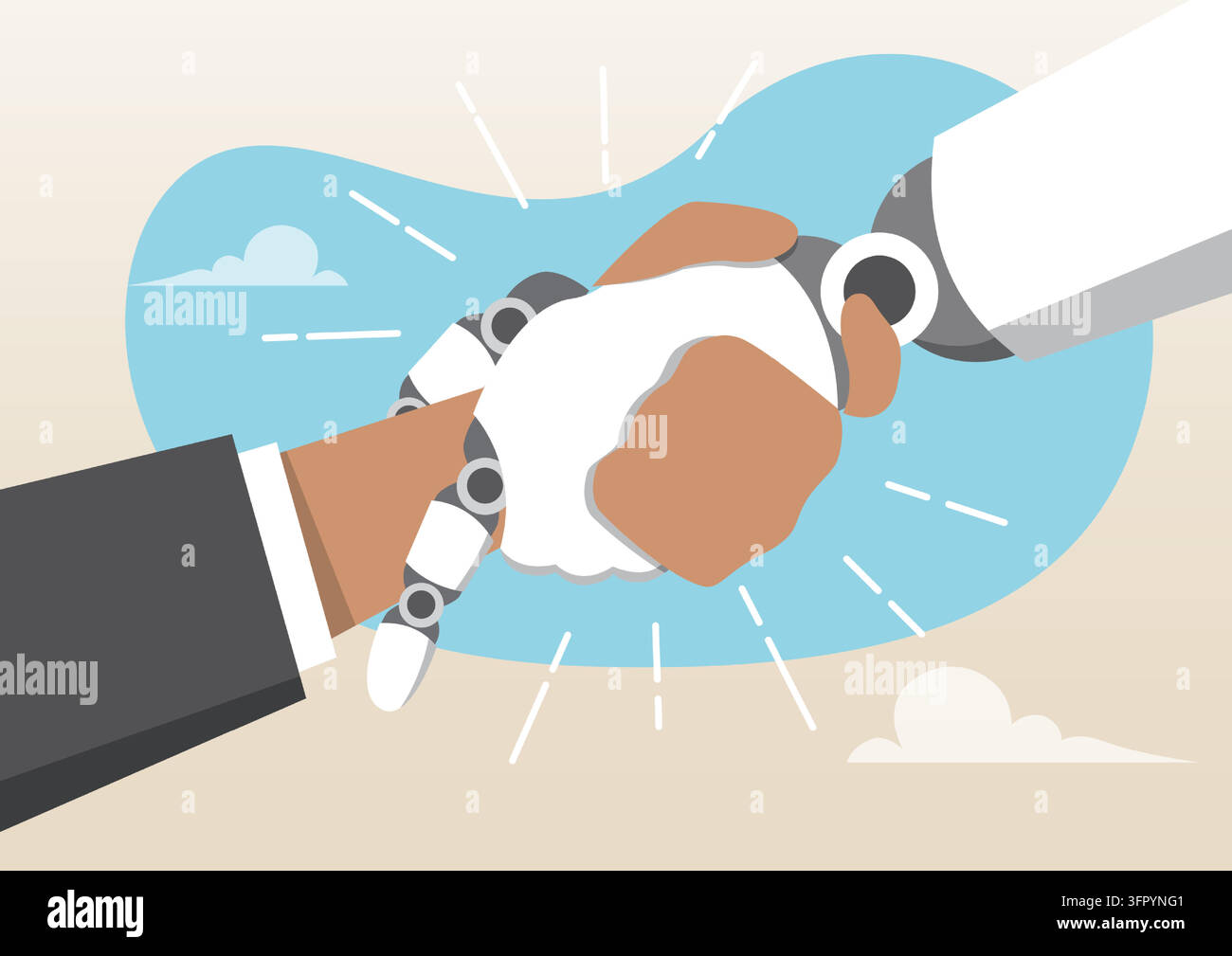 A human hand shaking hands with a white and grey robotic arm Stock Vector
