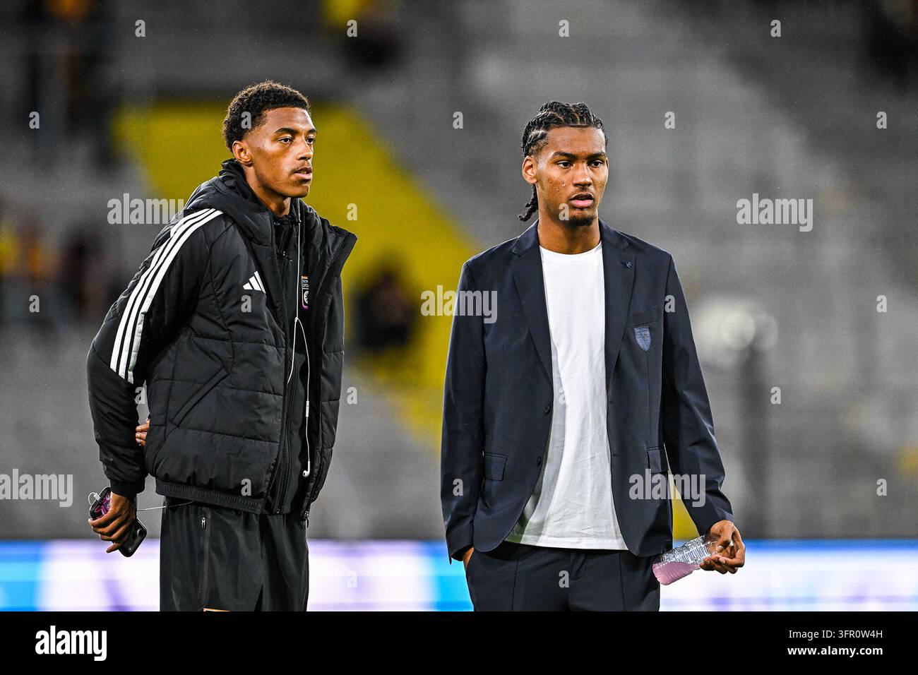 Noham KAMARA of Lyon and Kyllian ANTONIO of RC Lens prior Ligue 1 ...