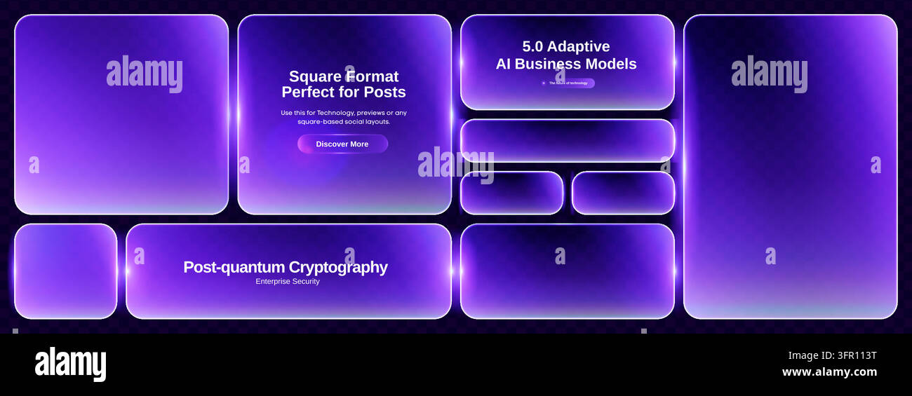 Glass neon box with purple text 3d and button frame shape. Background light blue with vector rectangle square and transparent game icon. Glow screen u Stock Vector