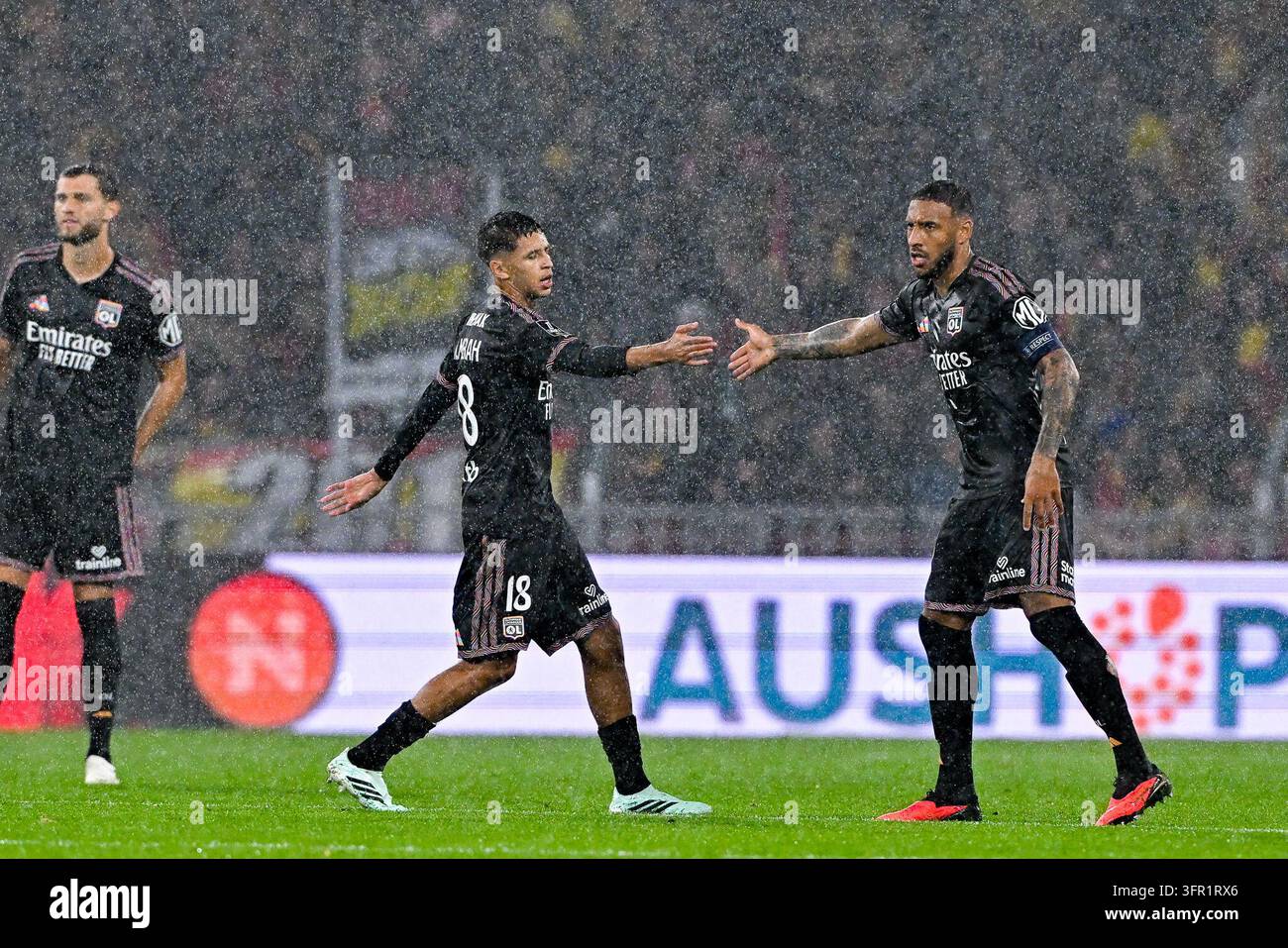 Khalis MERAH of Lyon celebrates his goal with Corentin TOLISSO during ...