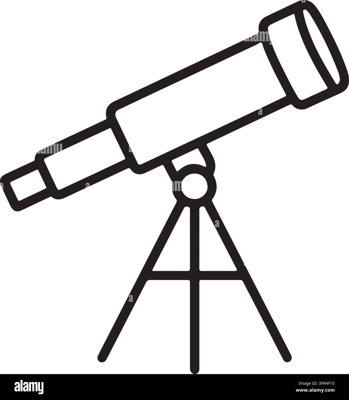 A simple line art icon of a telescope mounted on a tripod, presented on a white background. Stock Vector