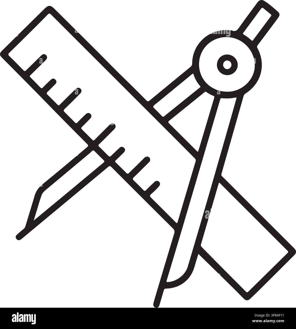 A black outline icon shows a ruler and a drawing compass crossed, symbolizing tools for geometry, measurement, and design. Stock Vector