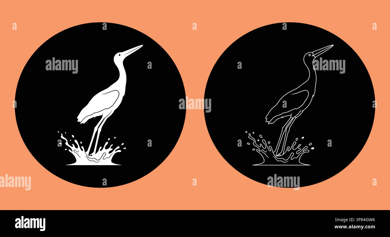 Heron landing in water in pair of creative graphic circles with bird Stock Vector