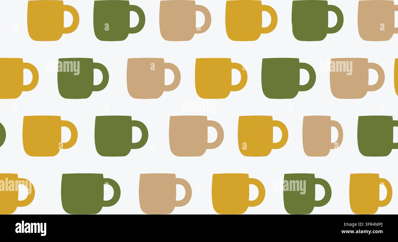 Pattern of colorful coffee mugs arranged on white background with drinkware Stock Vector