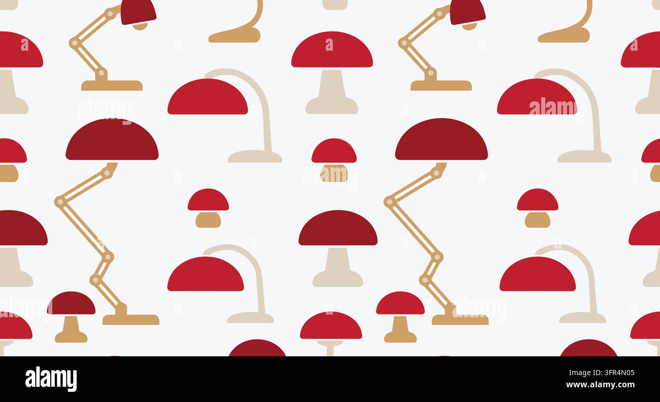 Seamless pattern of red desk lamps on white background with lamp Stock Vector