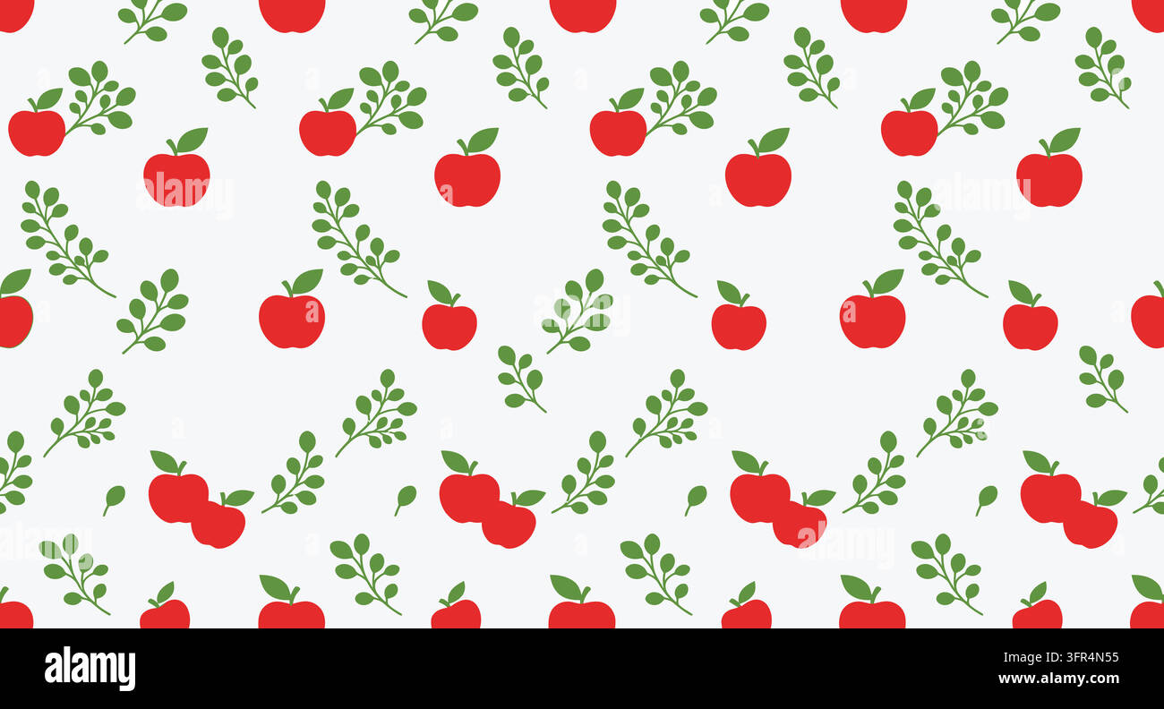Repeating red apple fruit and green leaves seamless backdrop Stock Vector