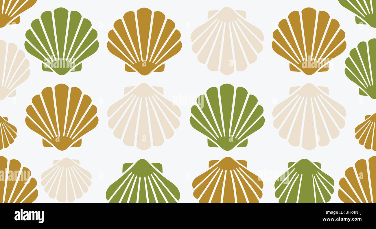 Seamless pattern of scallop seashells in a repeating coastal design Stock Vector