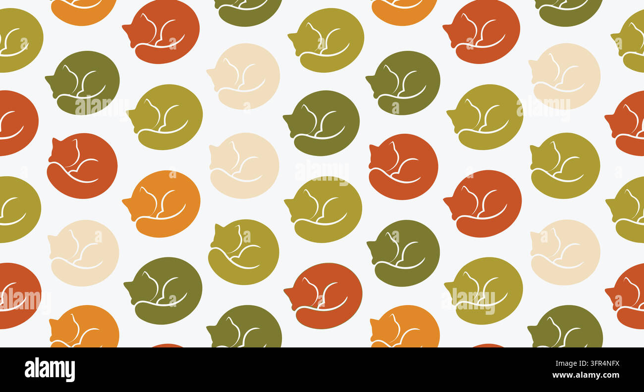 Seamless pattern featuring sleeping cats curled into circular shapes Stock Vector