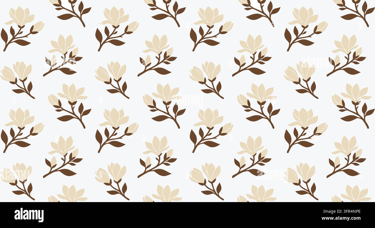 Seamless pattern featuring delicate magnolia flower branches on a soft neutral Stock Vector