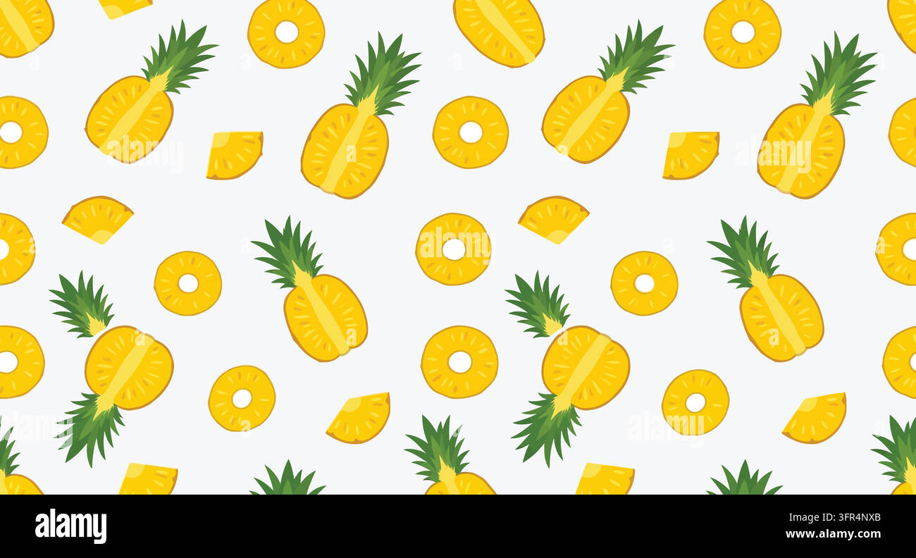 Repeating pattern of fresh yellow pineapple slices and whole fruit on light Stock Vector