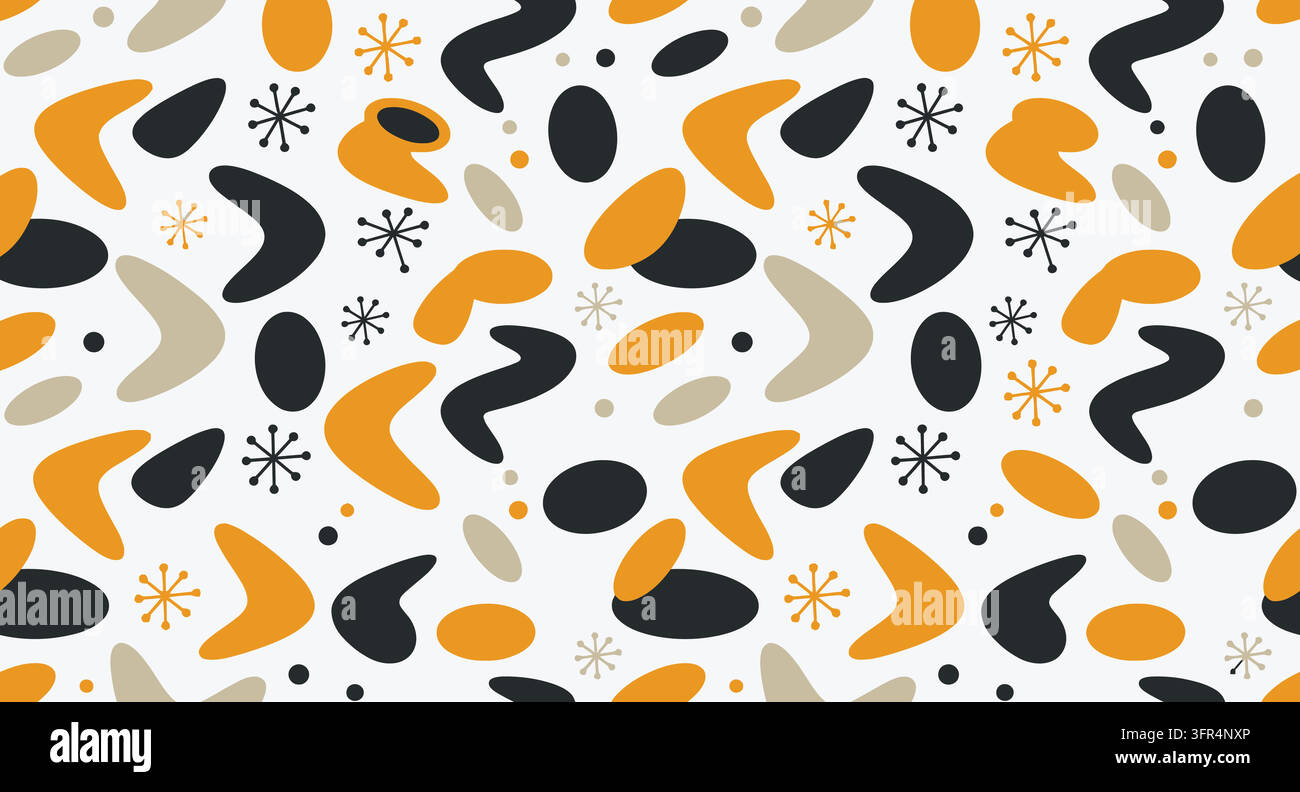 Mid century modern pattern with orange and dark gray abstract boomerang shapes Stock Vector