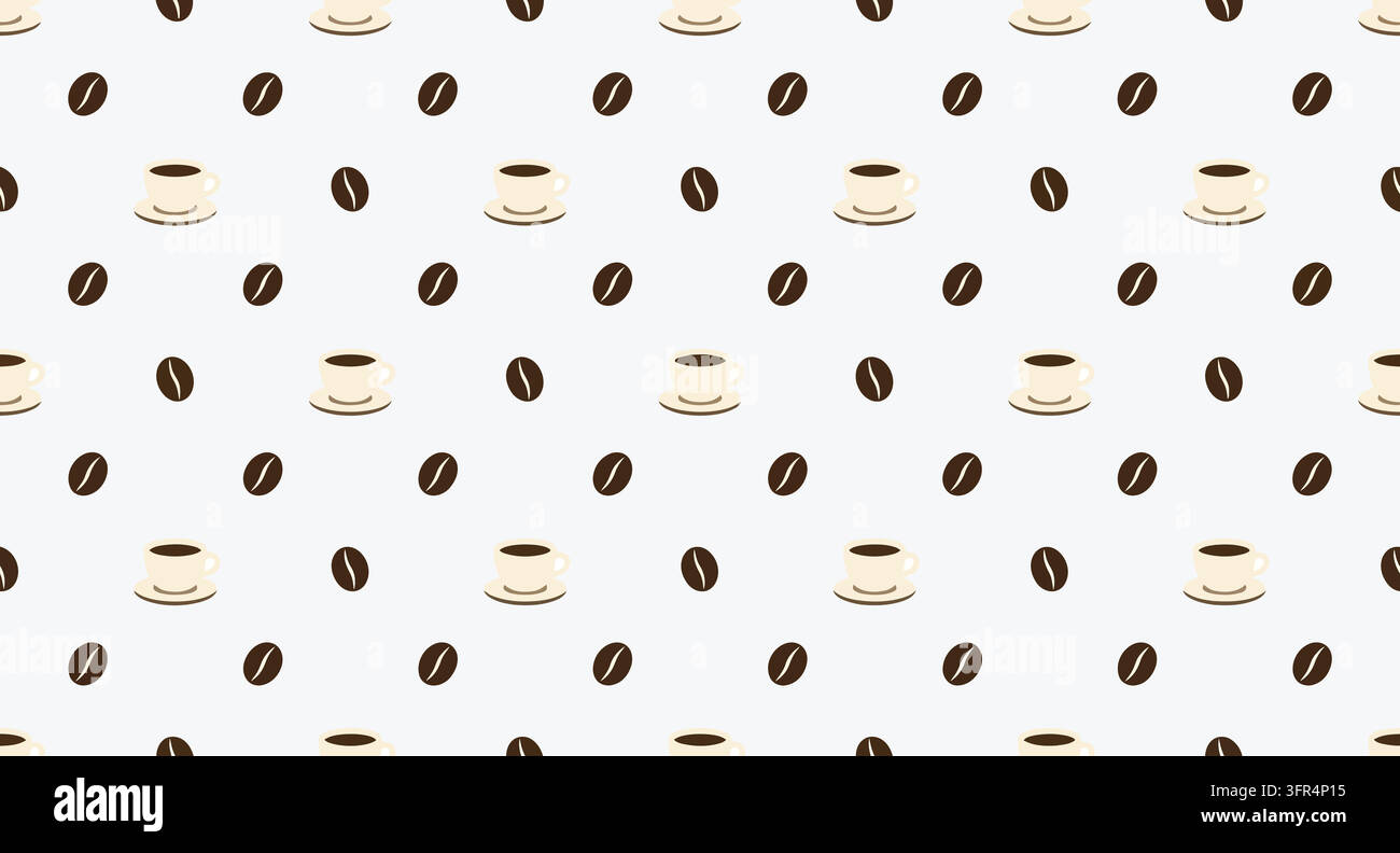 Seamless pattern of coffee cups and roasted beans on a light background Stock Vector