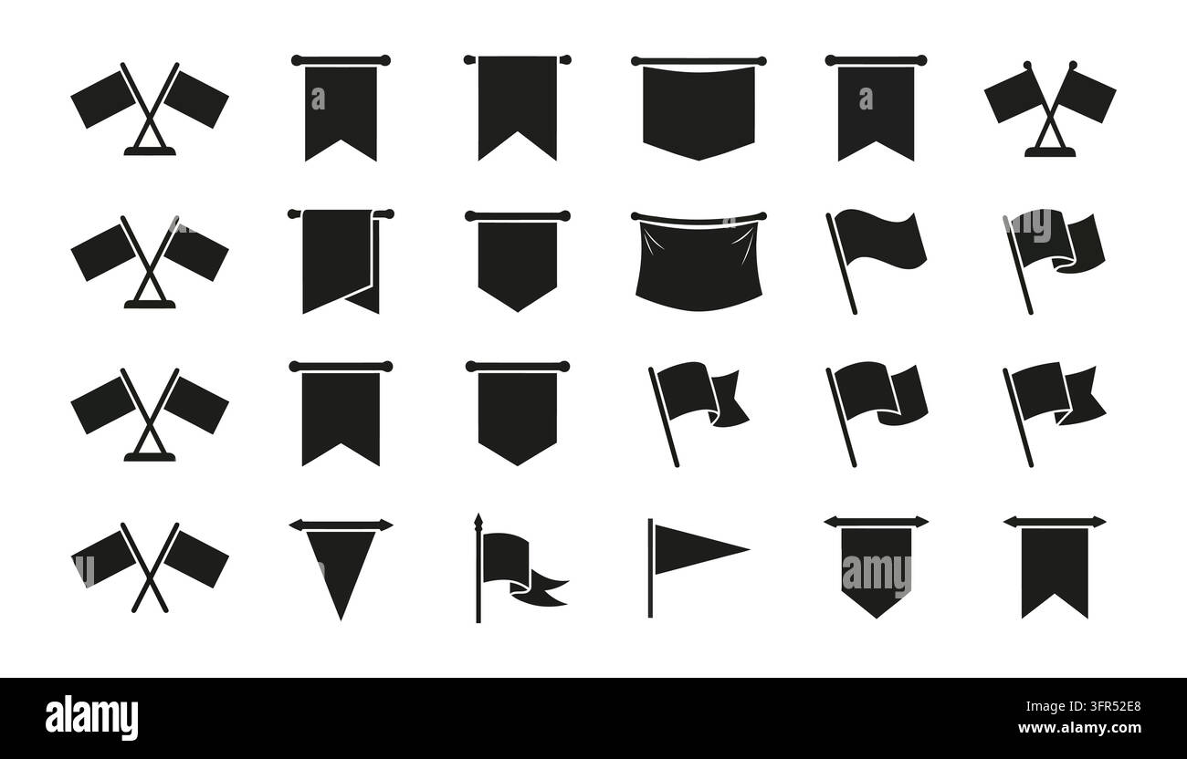 Set of black flags and pennants in various shapes and configurations Stock Vector