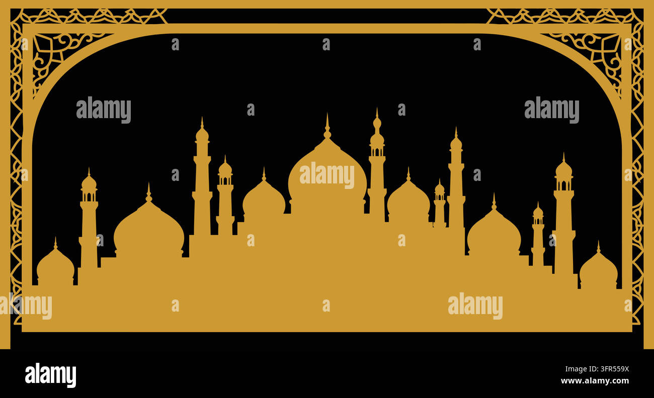 Grand mosque architecture framed by an ornate archway design with islamic Stock Vector