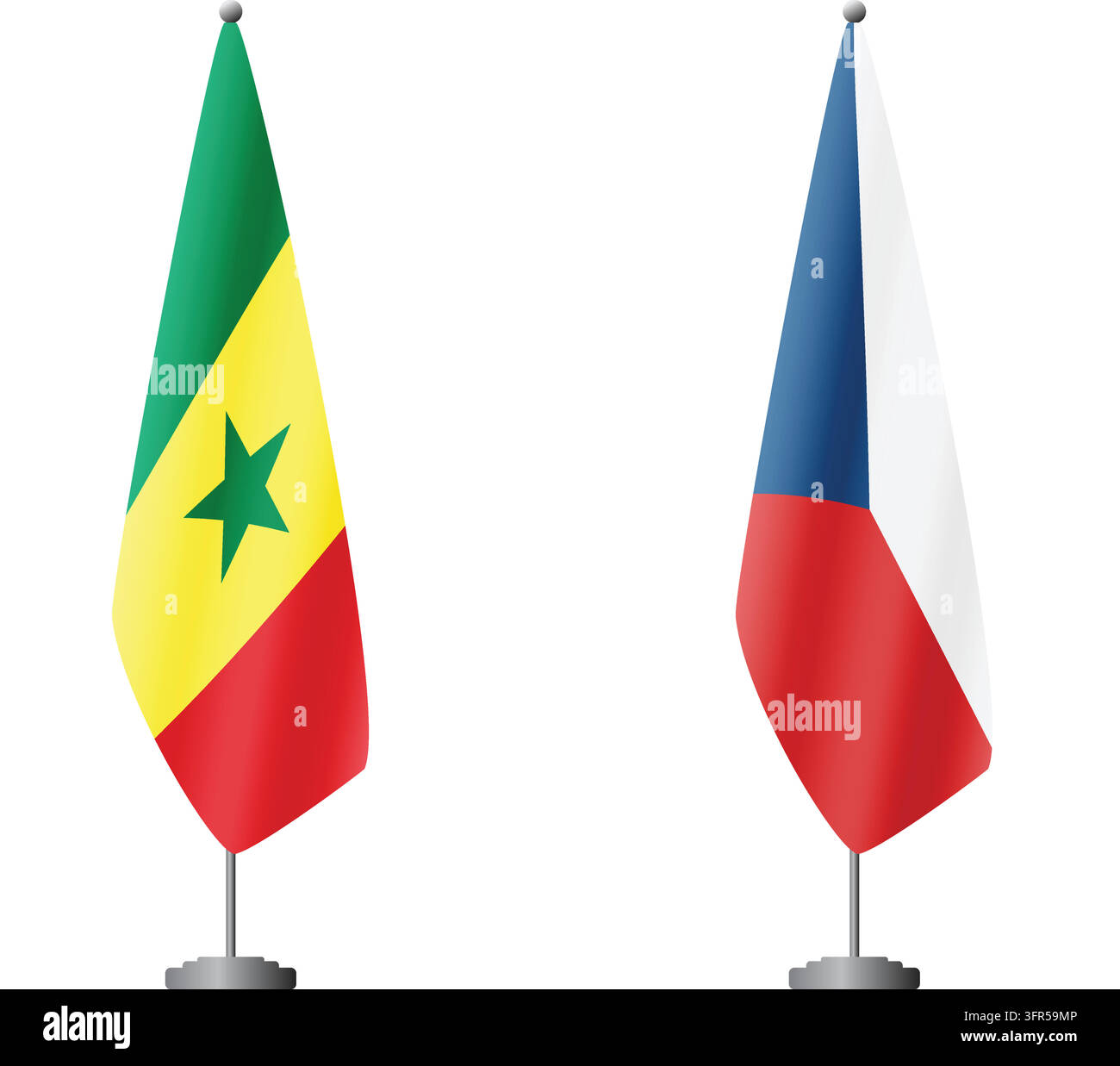 Senegal and Czechia flags on flagpoles for official ceremonies and meetings, transparent background vector Stock Vector