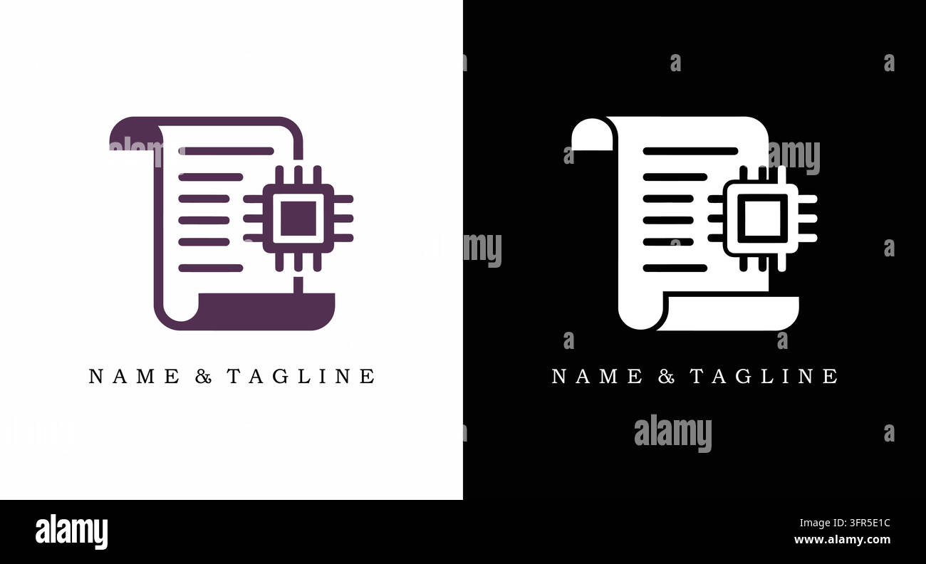 Digital document icon featuring a microchip processor on paper scroll Stock Vector