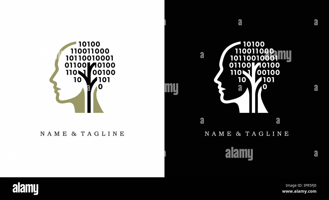 Human head profile silhouette filled with binary code and digital tree Stock Vector