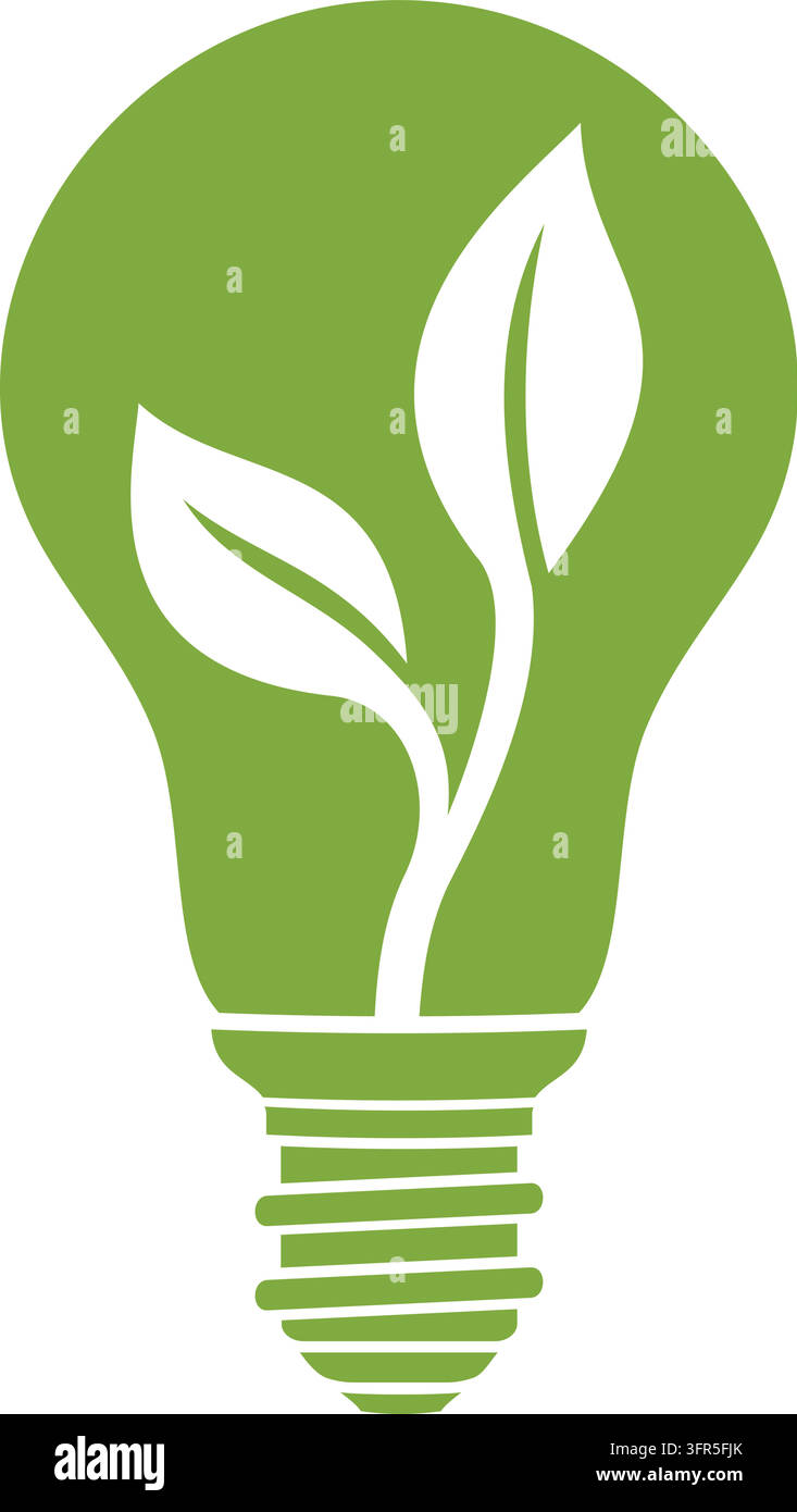 Green lightbulb with plant leaves growing inside, icon of eco energy, sustainability and green ideas Stock Vector