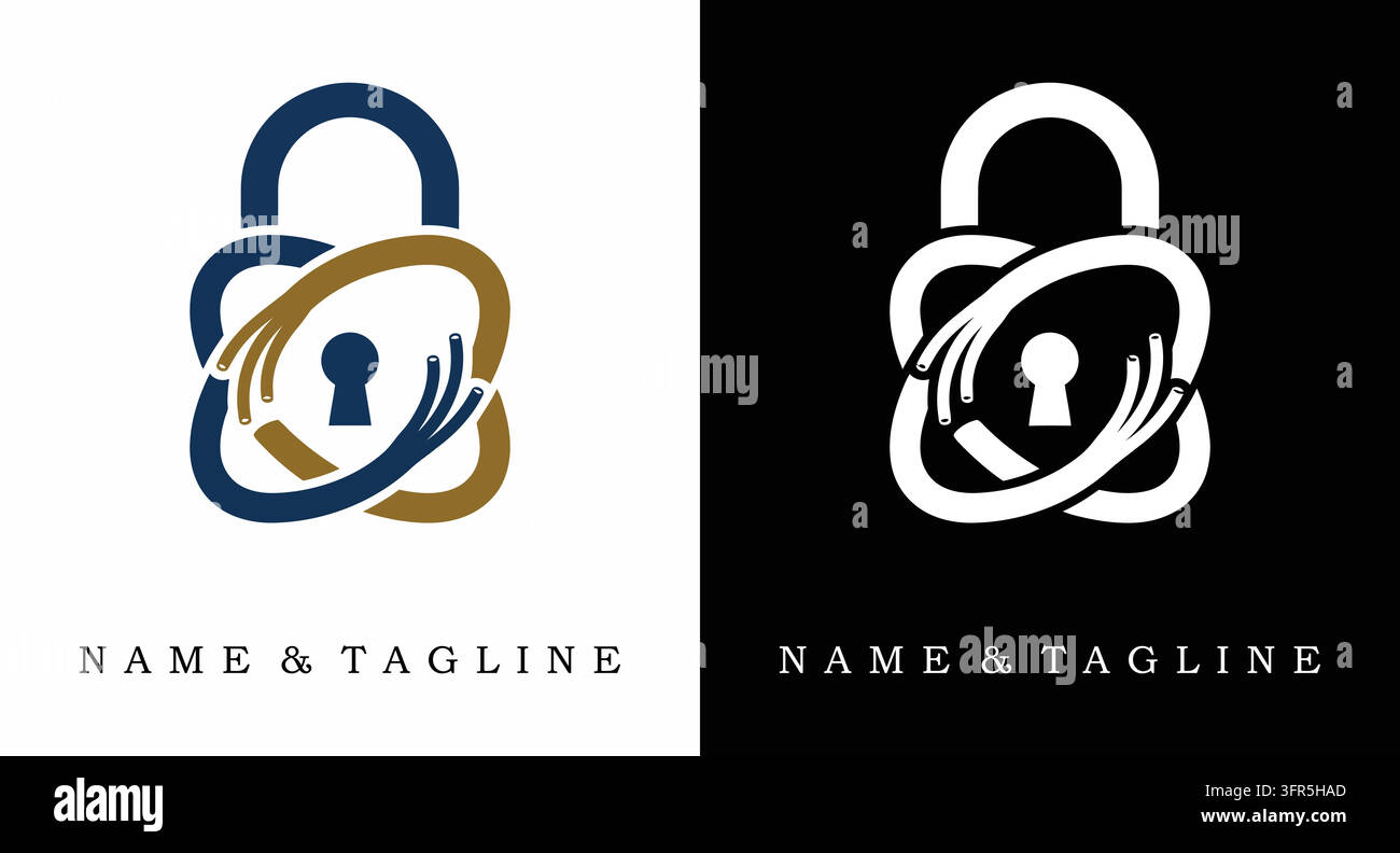 Padlock logo design with orbiting digital rings for secure information Stock Vector