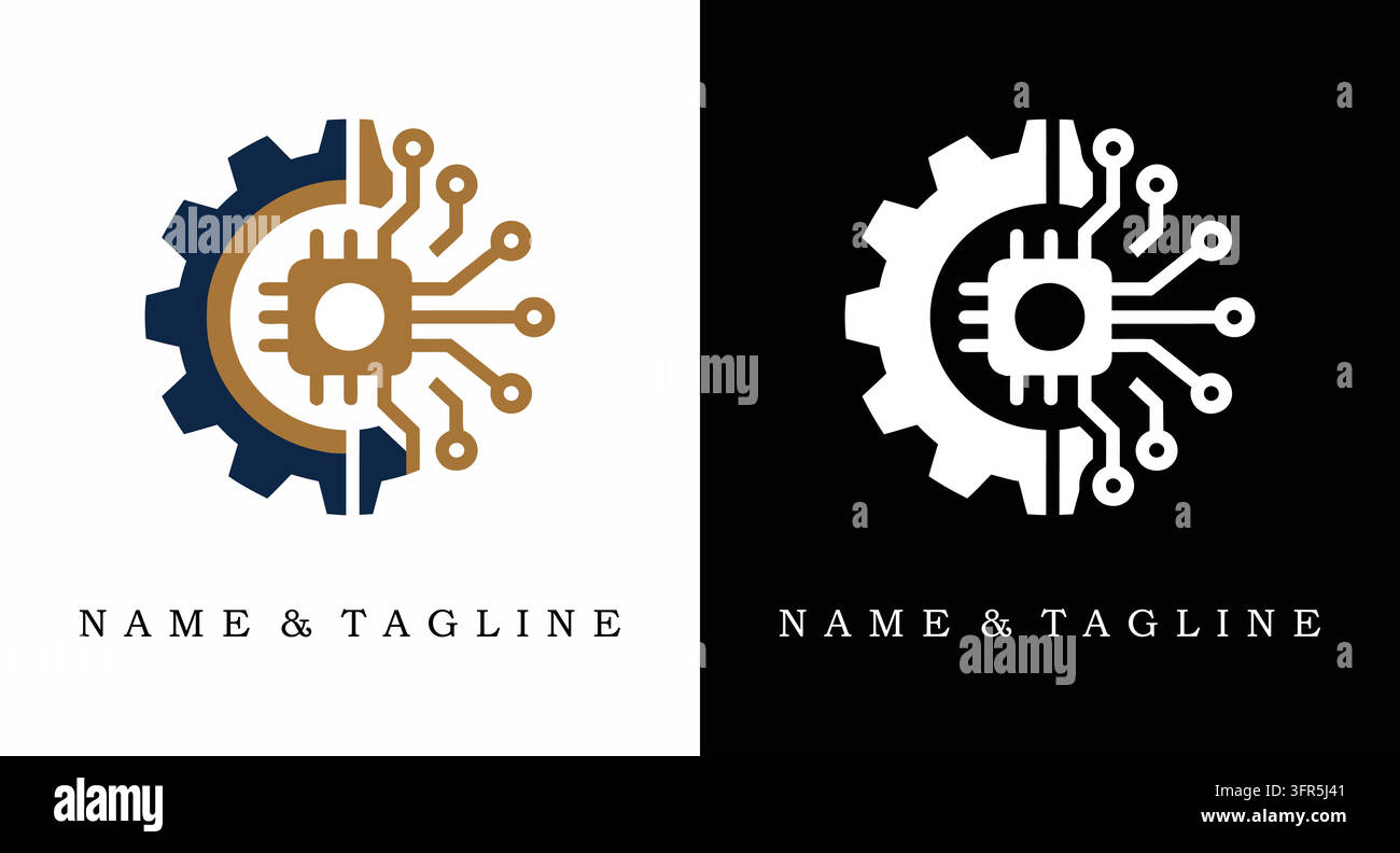 Industrial technology logo featuring a gear and circuit board microchip Stock Vector
