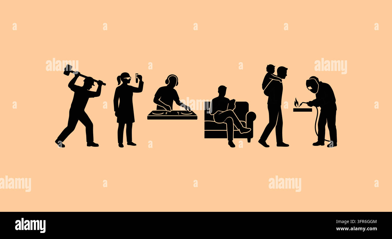 Black silhouette figures engaged in different daily activities and hobbies Stock Vector