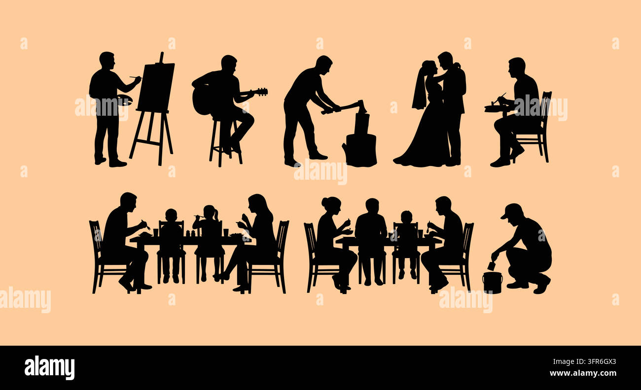 Black silhouettes of people engaged in creative arts and dining together Stock Vector