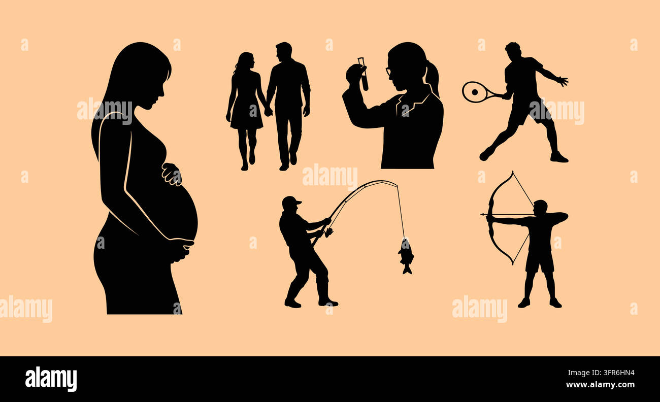 Various human silhouette figures representing sports and pregnancy with graphics Stock Vector