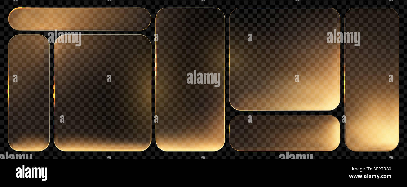 Gold box glass and text morphism golden with frame 3d button. Background light banner and vector blue shape with black square white. Yellow ui rectang Stock Vector