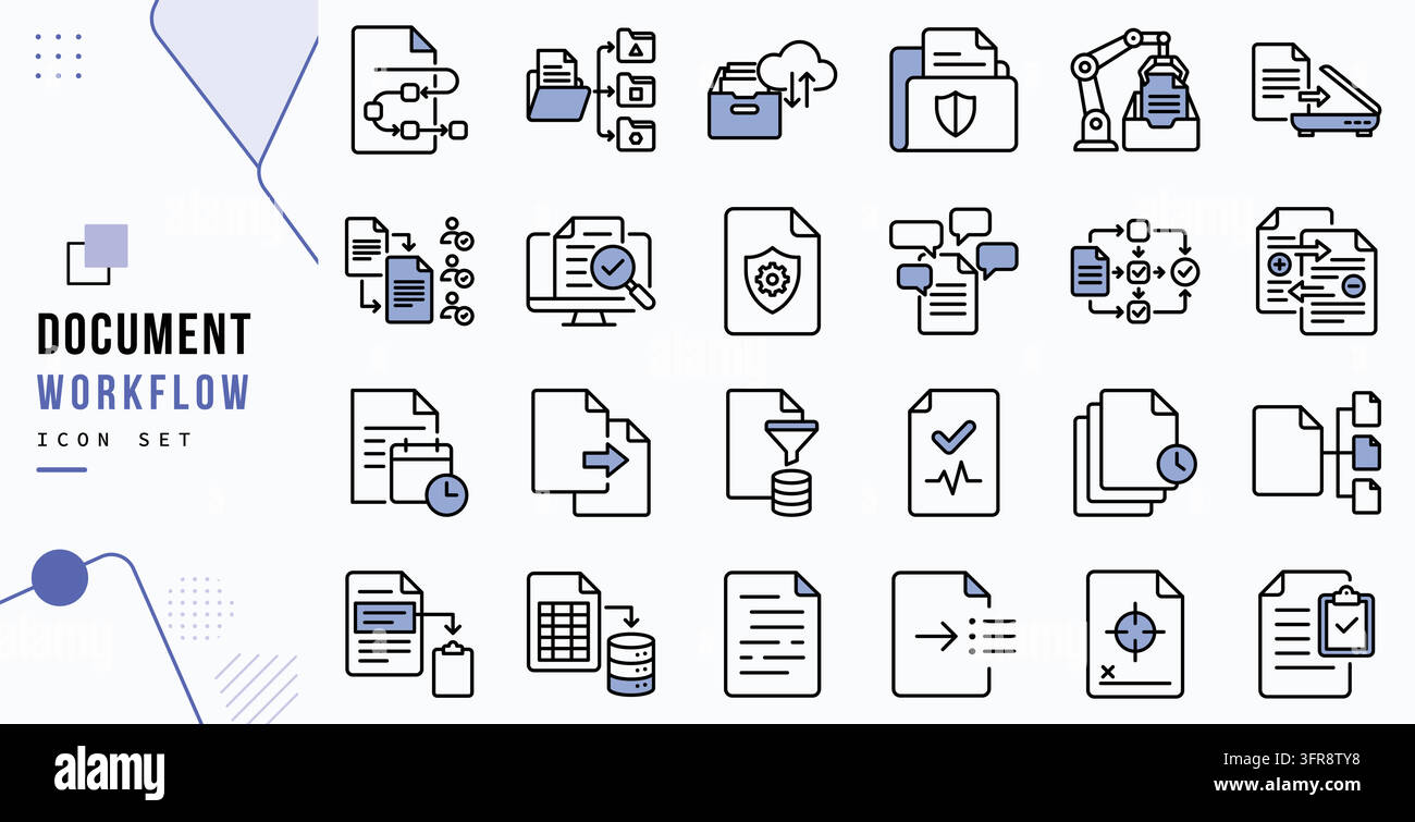 Document workflow linear icon set vector illustration featuring business data processing automation digital archive folder storage security. Stock Vector