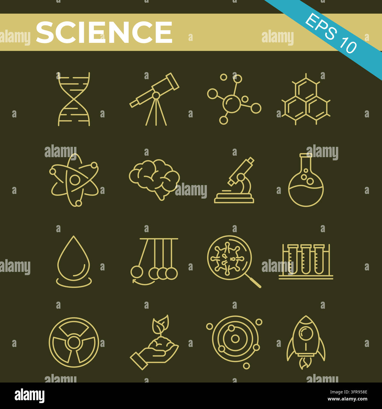 Science research and laboratory experiment line icon set with art Stock Vector