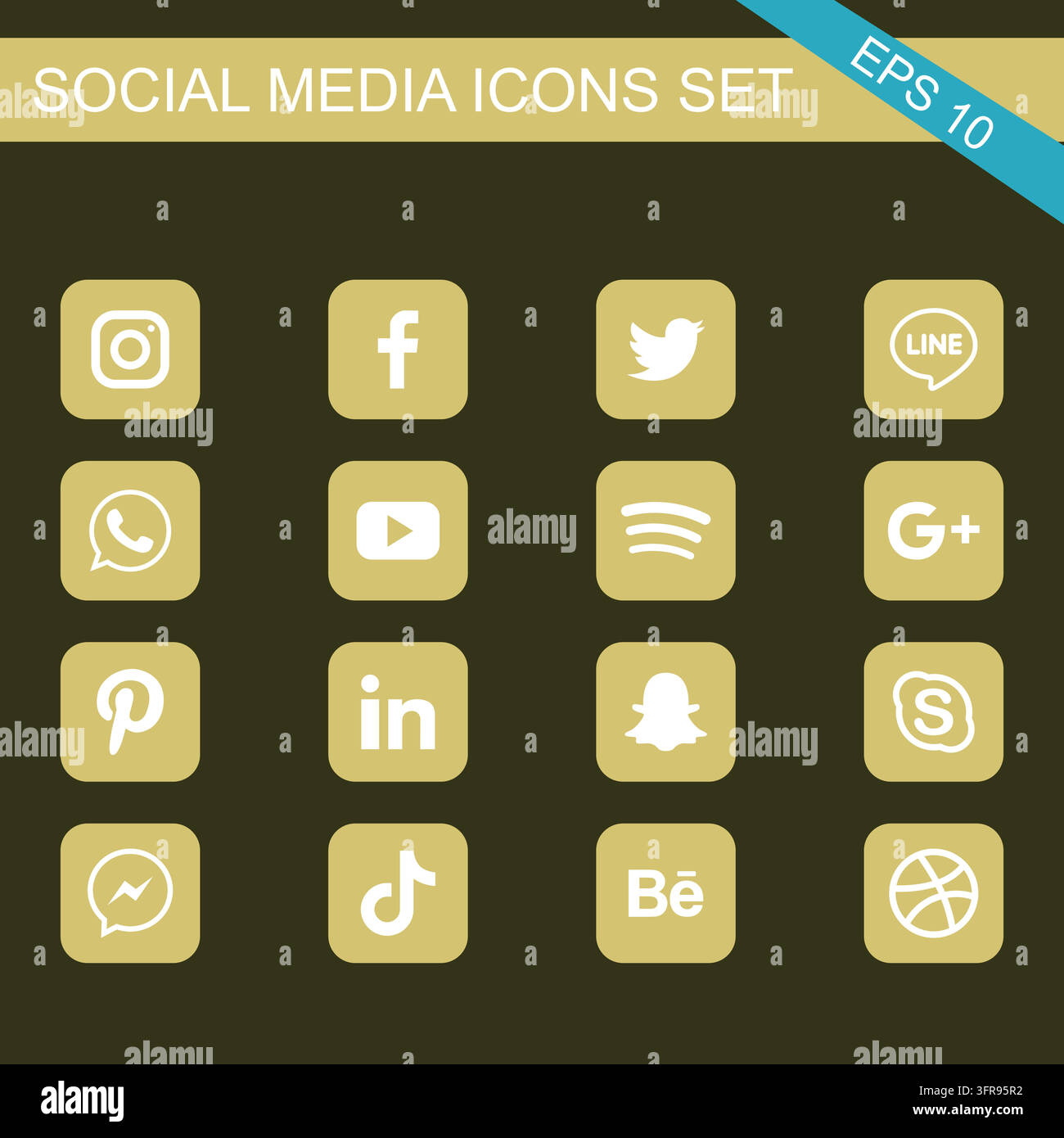 Social media platform logos with white symbols on colored square backgrounds Stock Vector